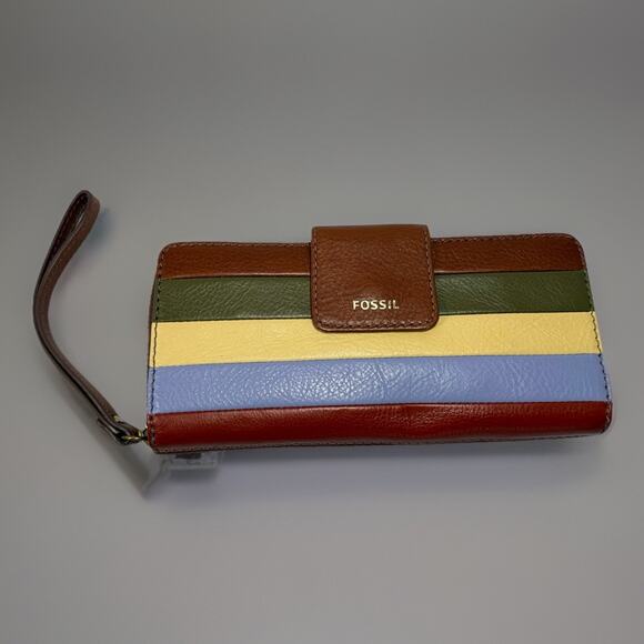 Fossil Zip Clutch Wallet Wristlet Striped Leather Green Yellow Lavender Madison - Picture 2 of 6